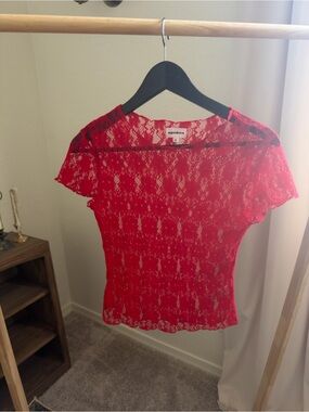 superdown Red Lace Short Sleeve Sheer Top
